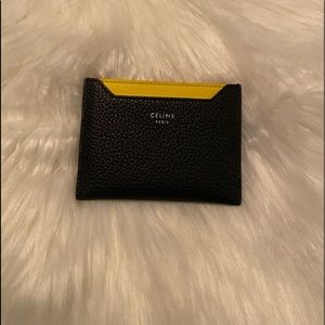 CELINE- Drummed calfskin bi-color card holder black/yellow